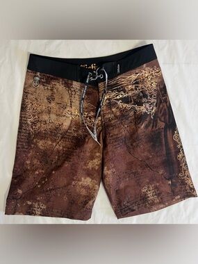 Affliction Men’s Board Shorts 32 Brown Gothic Skull Grunge Y2K  Surf Streetwear